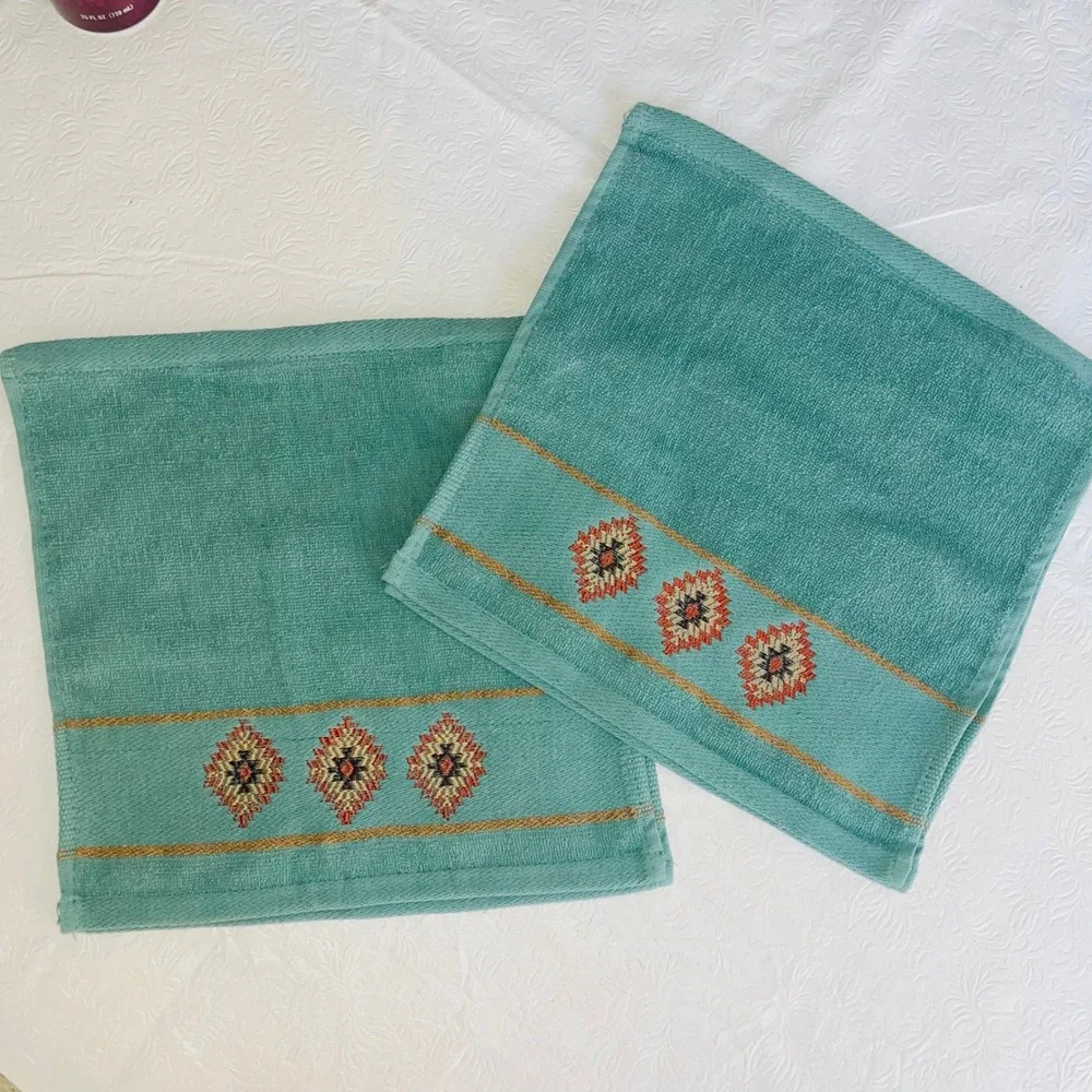 Vintage Canyon Sky Teal Green Southwestern Embroidered Hand Towels Set of 4